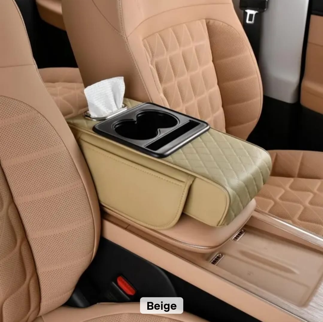 Car Armrest Cushion with Cup Holder & Tissue Box — Center Console Organizer