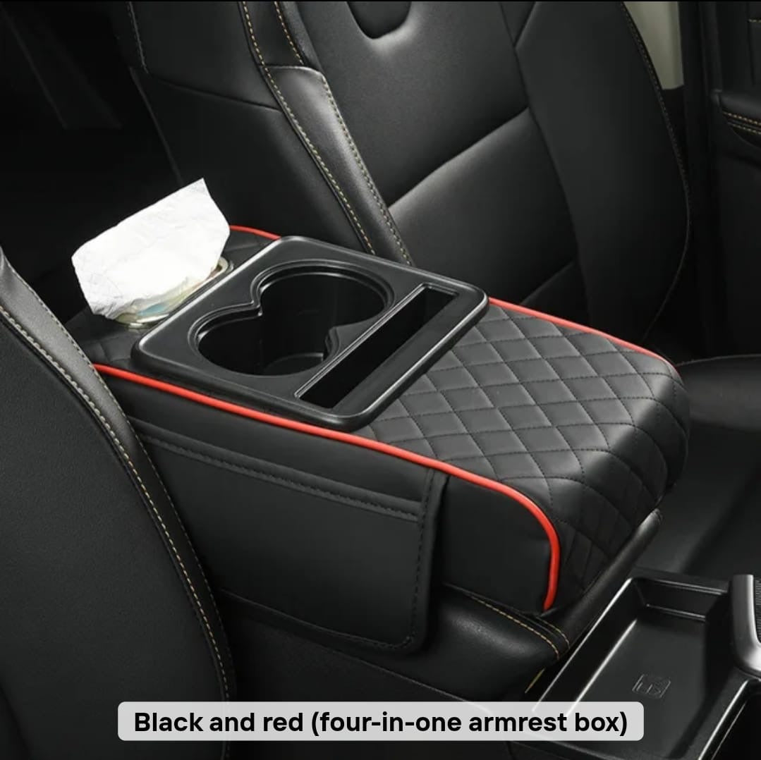 Car Armrest Cushion with Cup Holder & Tissue Box — Center Console Organizer