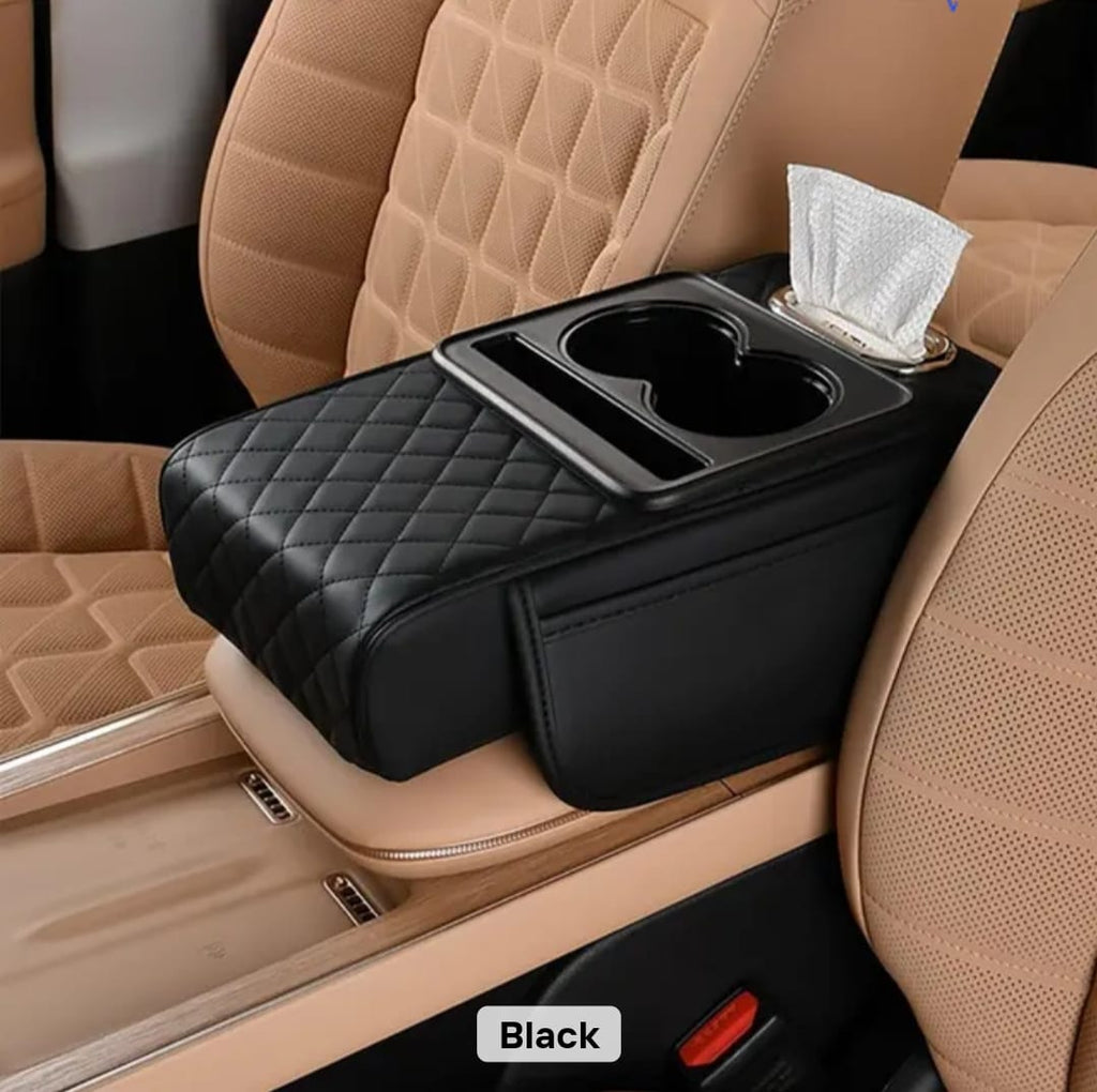 Car Armrest Cushion with Cup Holder & Tissue Box — Center Console Organizer