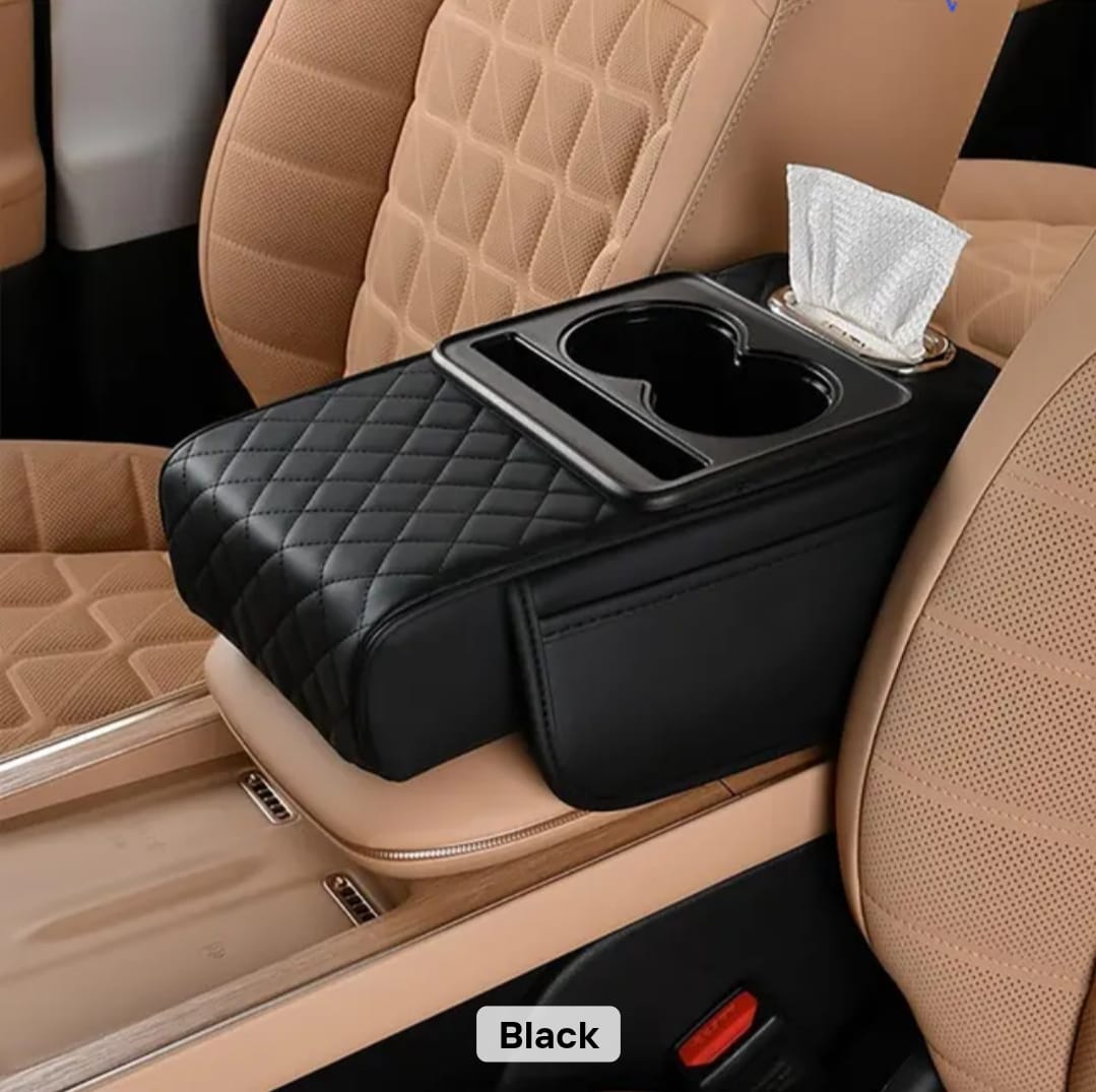 Car Armrest Cushion with Cup Holder & Tissue Box — Center Console Organizer